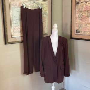 Ann Taylor Vintage Lined Silk Pantsuit, Size 12/14, Brown with Purple Hue